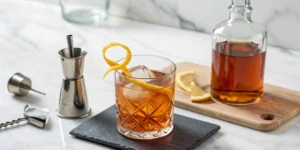 A Bourbon Sazerac cocktail with a lemon twist, made following a classic recipe.