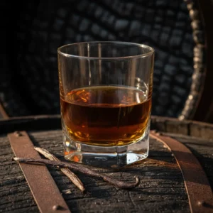 Glass of vanilla bourbon on a charred oak barrel stave with vanilla beans