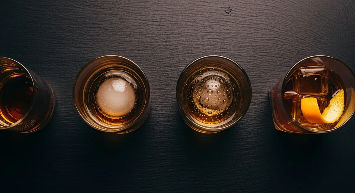 Four ways to drink bourbon: neat, on the rocks, with water, and in an Old Fashioned cocktail.