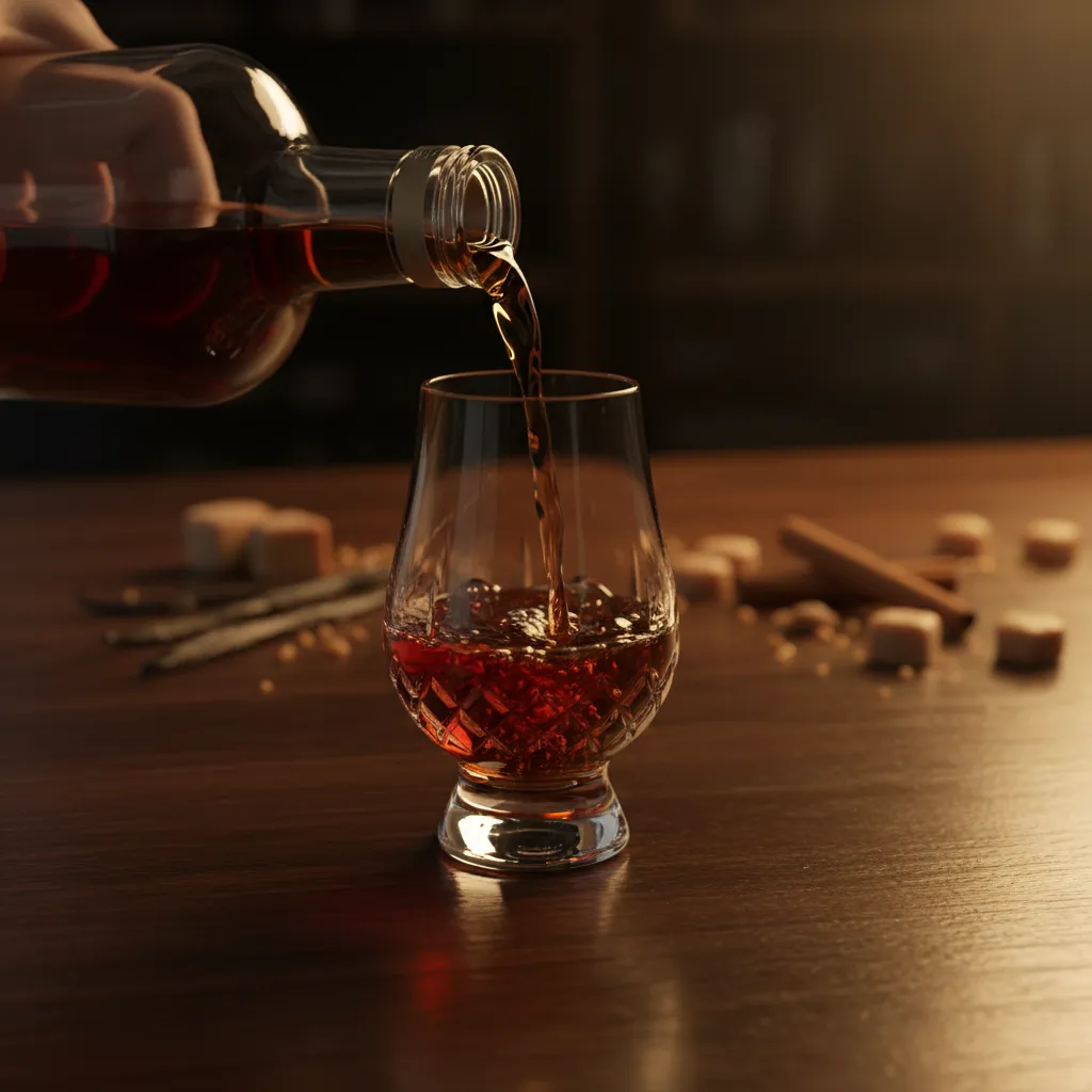 Amber bourbon being poured into a Glencairn glass with vanilla and cinnamon in background