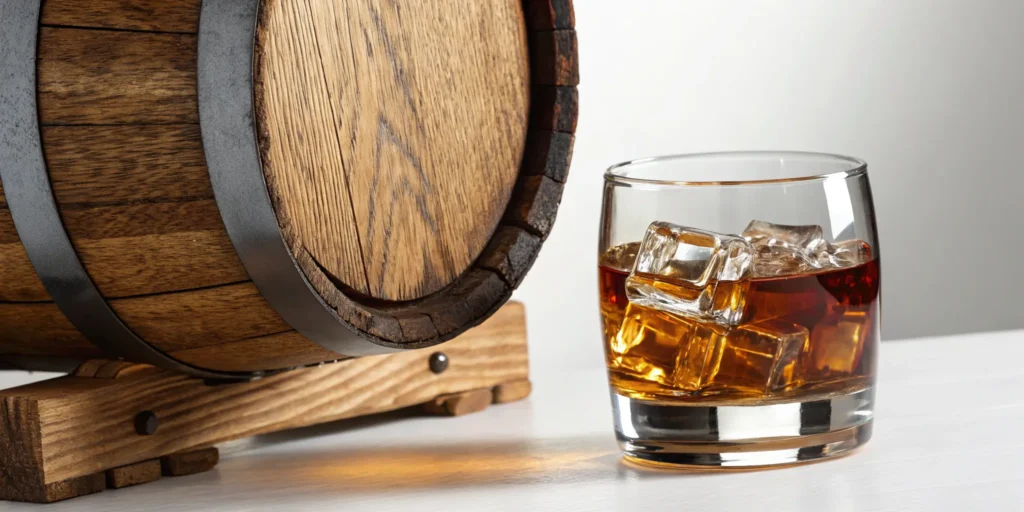 A glass of cask strength whiskey on ice next to a wooden cask.