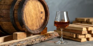 A glass of whiskey beside the toasted barrel that creates its smooth, complex flavor.