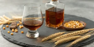 A glass of wheated bourbon with the wheat and corn grains used to make it.