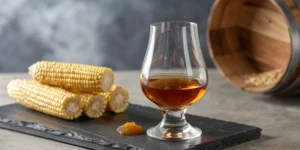 A glass of bourbon with corn and a charred barrel explains why bourbon tastes sweet.