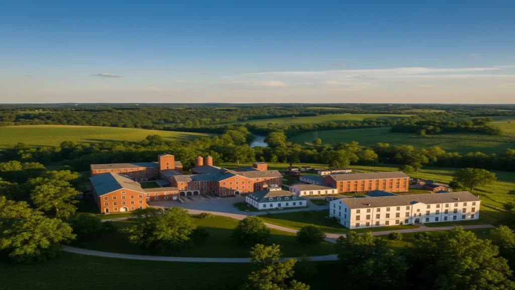 Aerial view of a Kentucky bourbon distillery with limestone buildings and rolling green hills