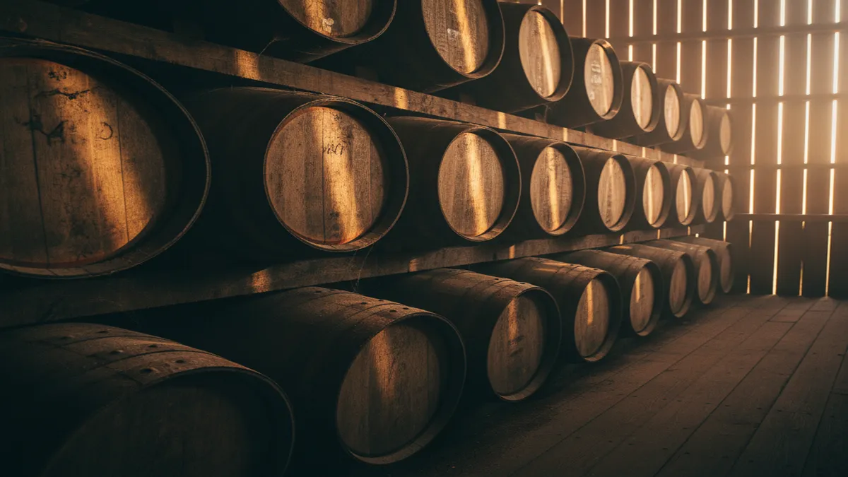 Bourbon aging barrels stacked in a traditional Kentucky rickhouse with warm amber light