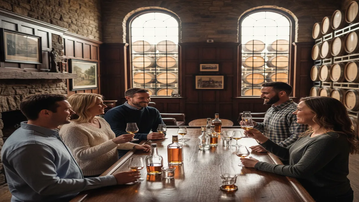 Friends enjoying a bourbon tasting experience at a Kentucky distillery tasting room