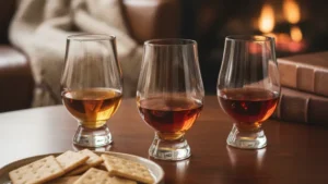 Bourbon tasting party setup at home with whiskey glasses and tasting notes cards on a wooden table
