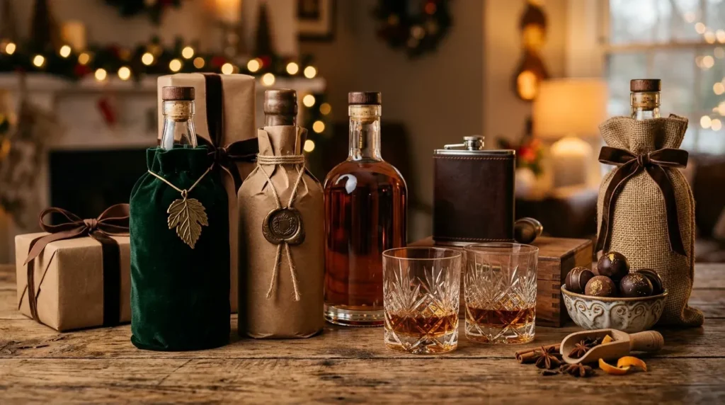 Bourbon gift arrangement with premium whiskey bottles, crystal glasses, leather flask, and artisan chocolates on rustic wood with warm amber lighting