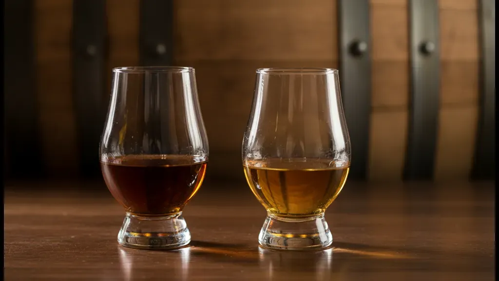 Two whiskey glasses on a dark wooden bar counter showing bourbon vs whiskey color comparison