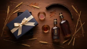 Father's Day bourbon gift guide featuring premium bourbon bottles, a crystal glass of amber whiskey, and gift accessories on a dark wood surface