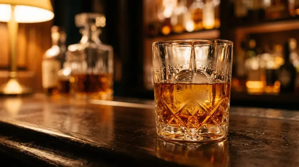 A crystal bourbon glass filled with rich amber whiskey on a dark polished wooden bar counter with warm golden side lighting