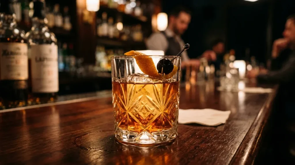 Bourbon Old Fashioned cocktail in a crystal rocks glass with a large clear ice cube, orange peel garnish, and brandied cherry on a dark wooden bar